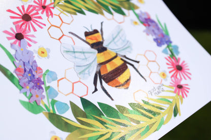Colorful collage of a bee and flowers on a white background