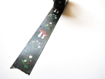 Mushroom & Wild Strawberries Washi Tape – Forest Fungi & Botanical Pattern | 20mm x 20m each Decorative Tape