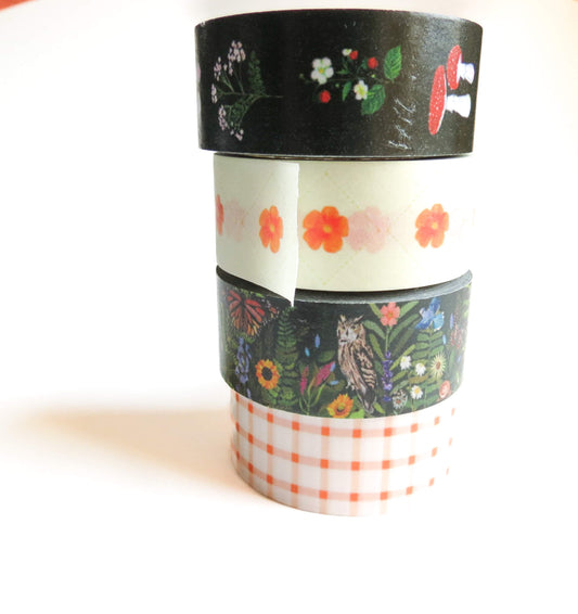 Washi Tape Set – Nature-Inspired 4-Pack | Forest, Mushroom, Floral & Plaid Designs | 20mm x 20m Each