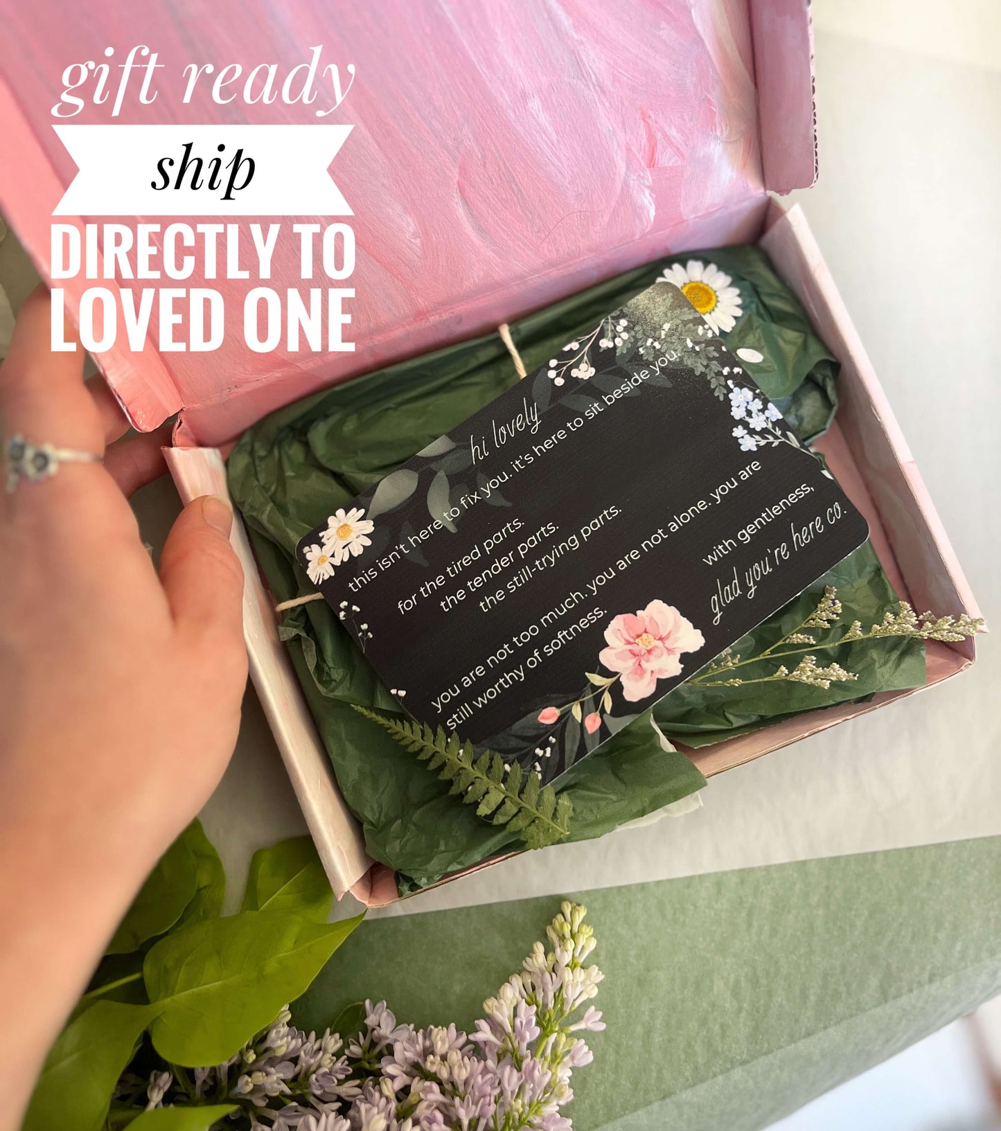 Gift box with a card and decorative elements, labeled 'gift ready ship directly to loved one'.