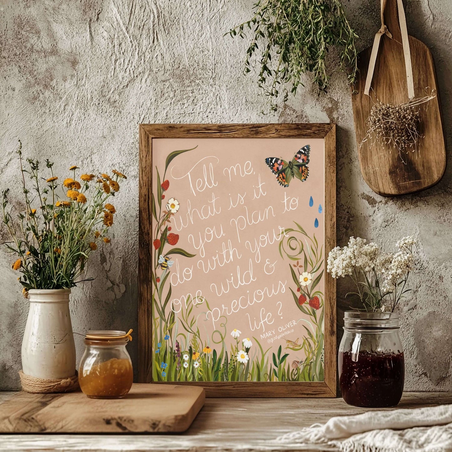 Mary Oliver Quote Print — “One Wild & Precious Life” Nature Art Print, Hand‐Painted Gouache, Inspirational Poetry Wall Decor, Three Sizes