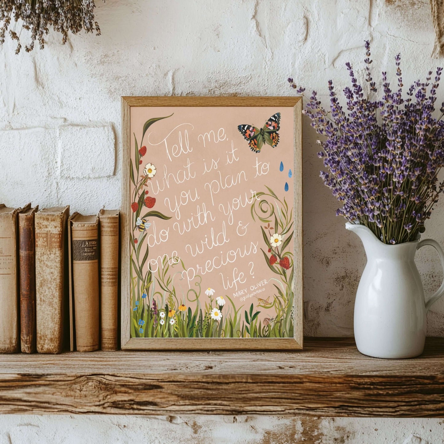 Mary Oliver Quote Print — “One Wild & Precious Life” Nature Art Print, Hand‐Painted Gouache, Inspirational Poetry Wall Decor, Three Sizes