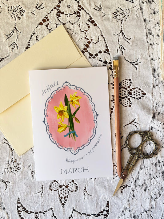 March Birth Month Flower Greeting Card- Daffodil Flower Birthday Card – Vintage Botanical Art for Spring, Joy & New Beginnings