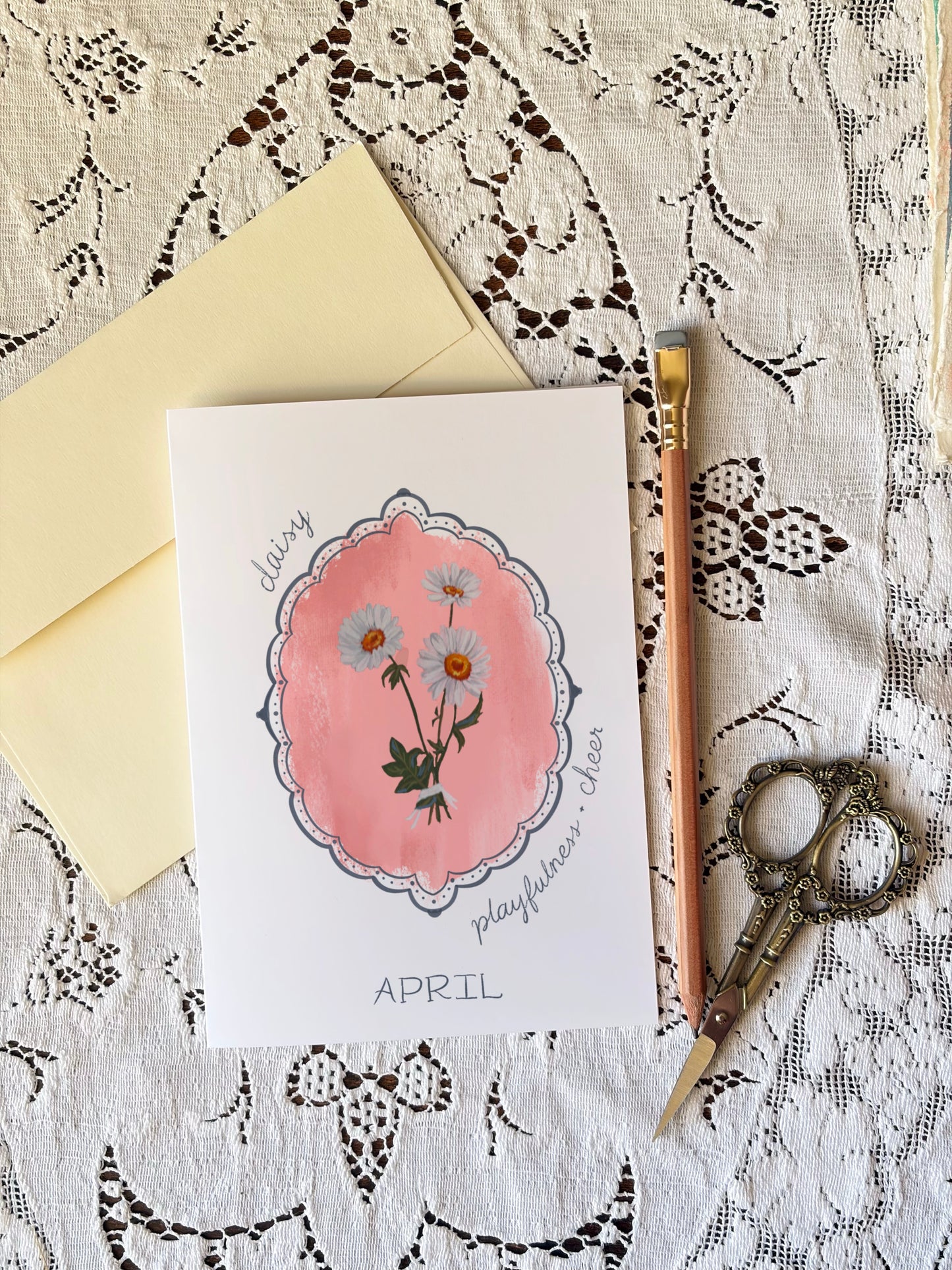 April Birth Flower Greeting Card – Daisy Art on Handmade Paper – Vintage Botanical Cheer & Optimism