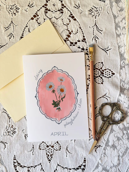 April Birth Flower Greeting Card – Daisy Art on Handmade Paper – Vintage Botanical Cheer & Optimism