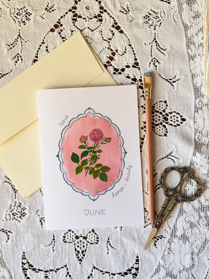 June Birth Flower Greeting Card – Vintage Botanical Floral Birthday Card – Hand-Painted Wall Art of Beauty & Passion