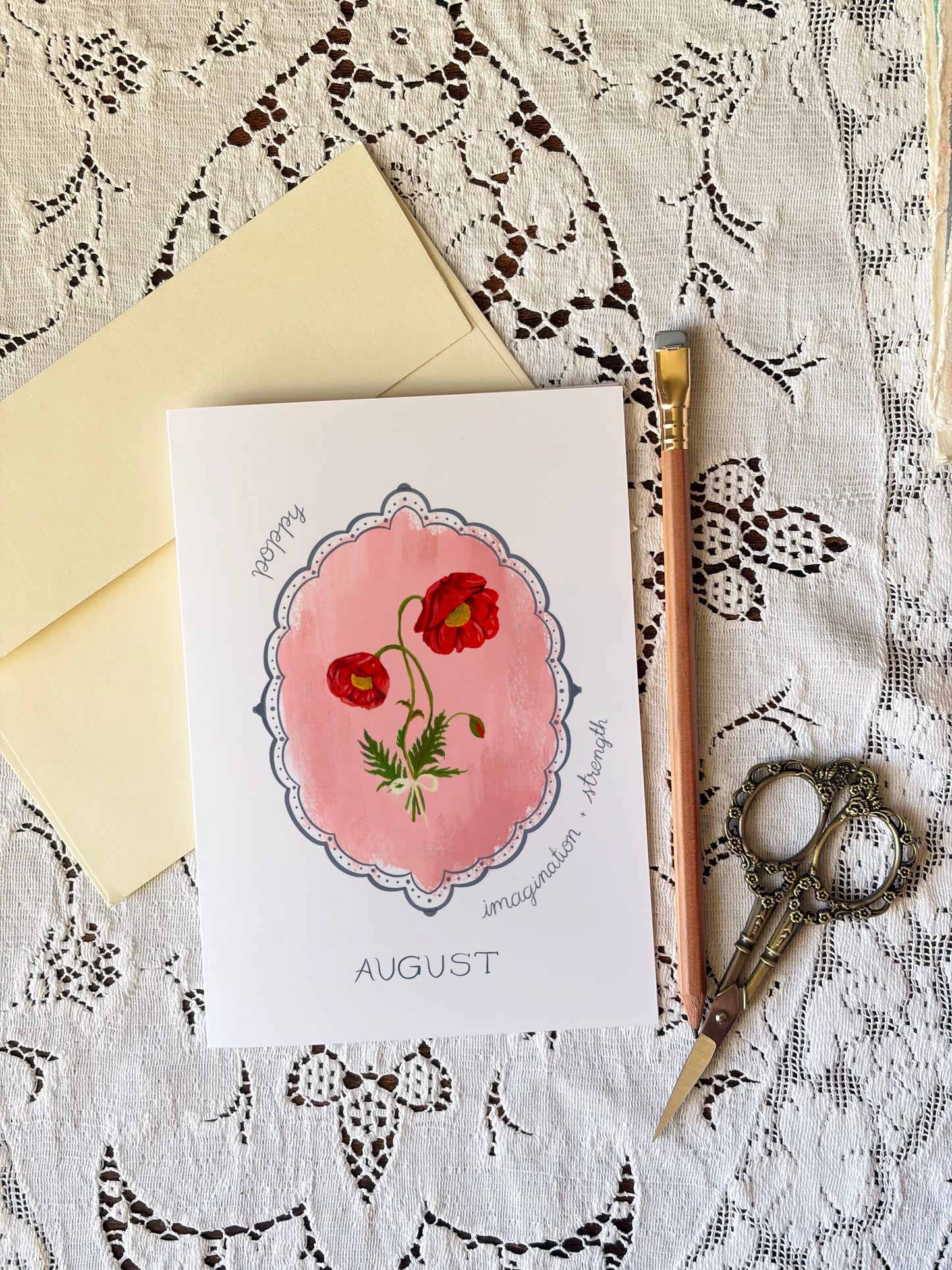 August Birth Month Flower Greeting Card – Poppy Flower Painting Birthday Card – Hand-Painted Vintage Botanical Card with Envelope