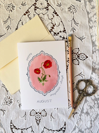 August Birth Month Flower Greeting Card – Poppy Flower Painting Birthday Card – Hand-Painted Vintage Botanical Card with Envelope