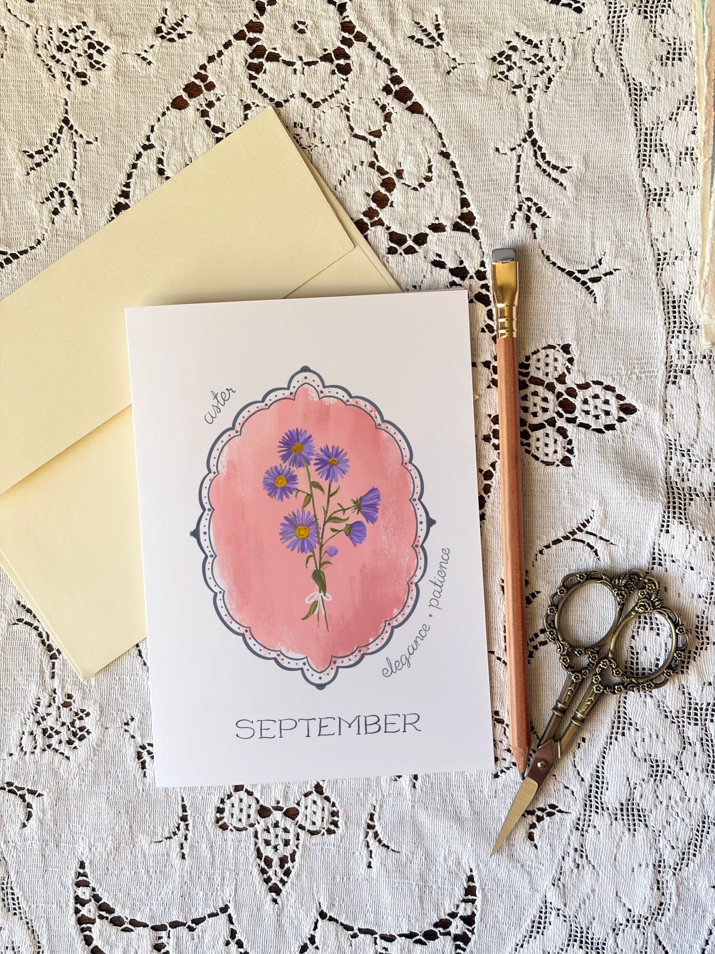 September Birth Month Flower Greeting Card– Aster Flower Painting Birthday Card – Vintage Botanical Card with Envelope