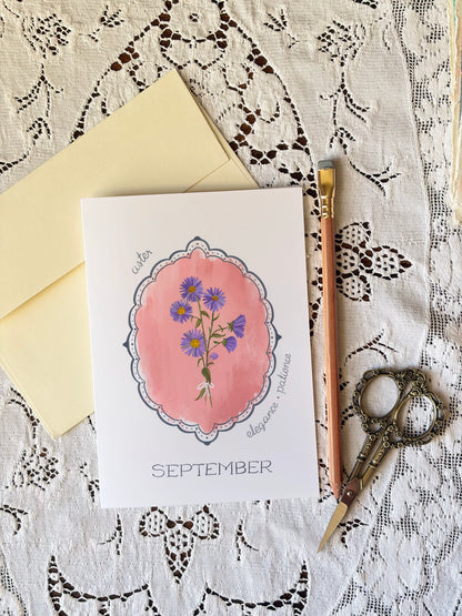 September Birth Month Flower Greeting Card– Aster Flower Painting Birthday Card – Vintage Botanical Card with Envelope