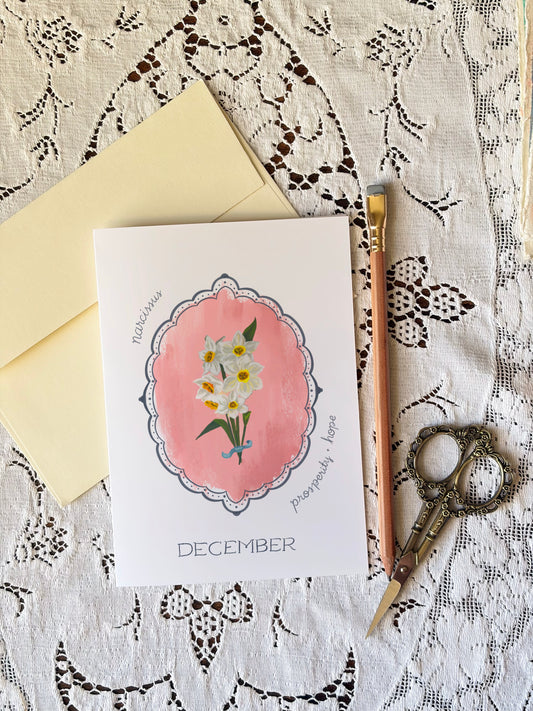 December Birth Month Flower Greeting Card– Narcissus Flower Card with Envelope – Vintage Botanical Artwork of Prosperity & Hope