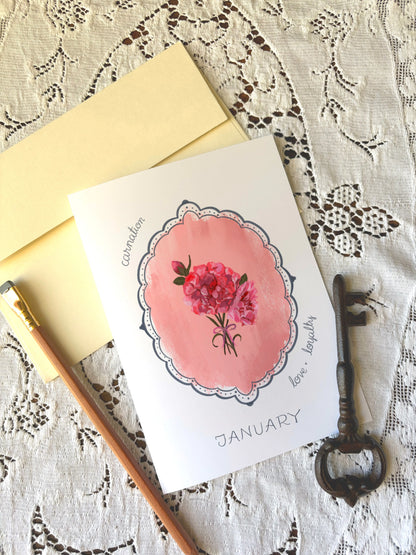 January birth month carnation flower greeting card