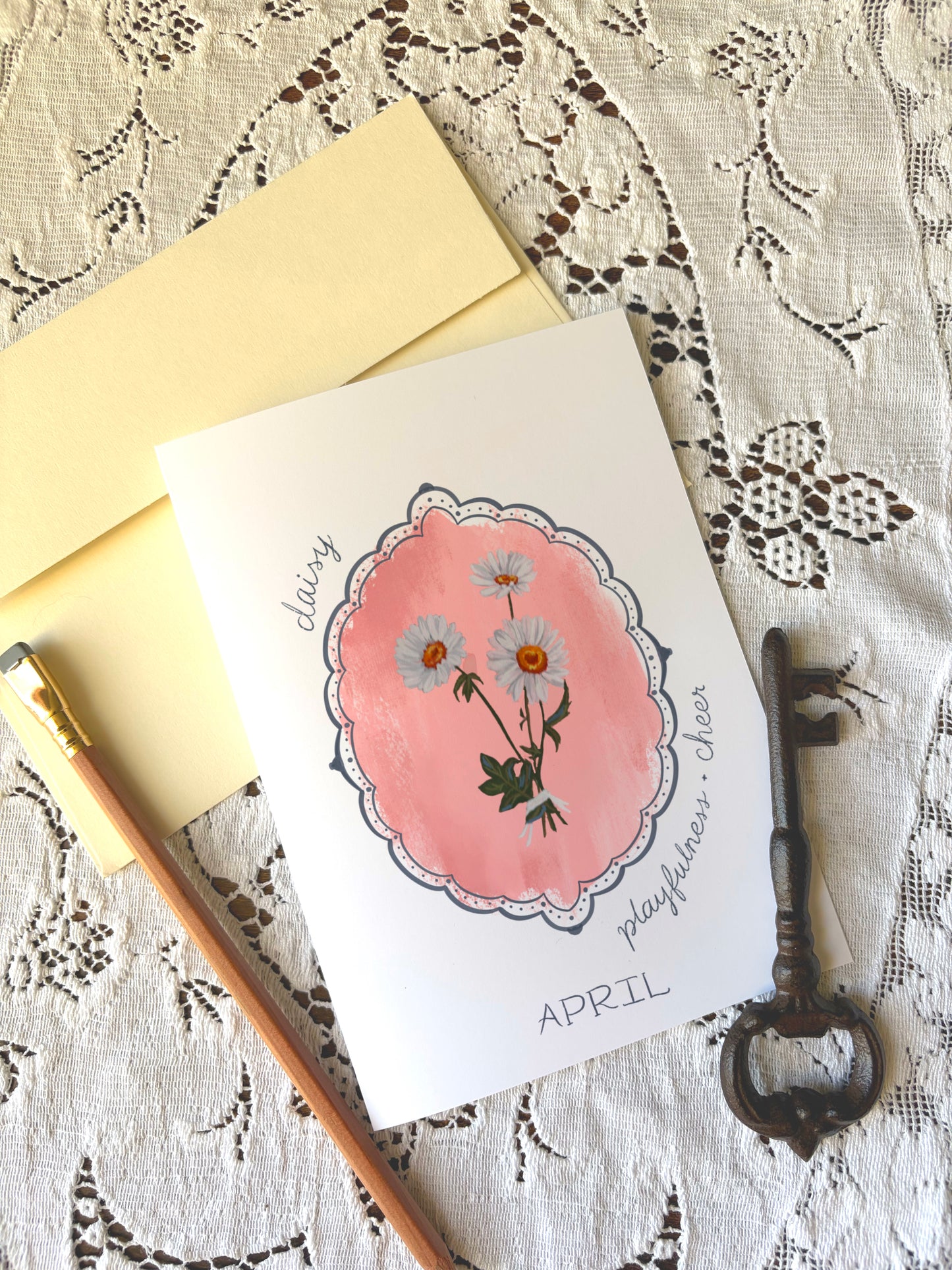 April Birth Flower Greeting Card – Daisy Art on Handmade Paper – Vintage Botanical Cheer & Optimism