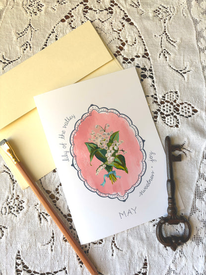 May Birth Flower Greeting Card – Lily of the Valley Birthday Card – Vintage Botanical Cheer & Optimism