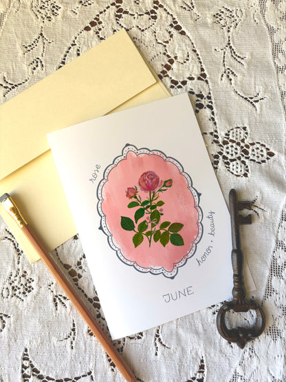June Birth Flower Greeting Card – Vintage Botanical Floral Birthday Card – Hand-Painted Wall Art of Beauty & Passion