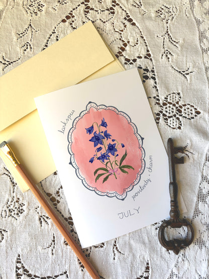 July Birth Month Flower Greeting Card – Larkspur Flower Painting Birthday Card – Vintage Botanical Card for Positivity & Charm
