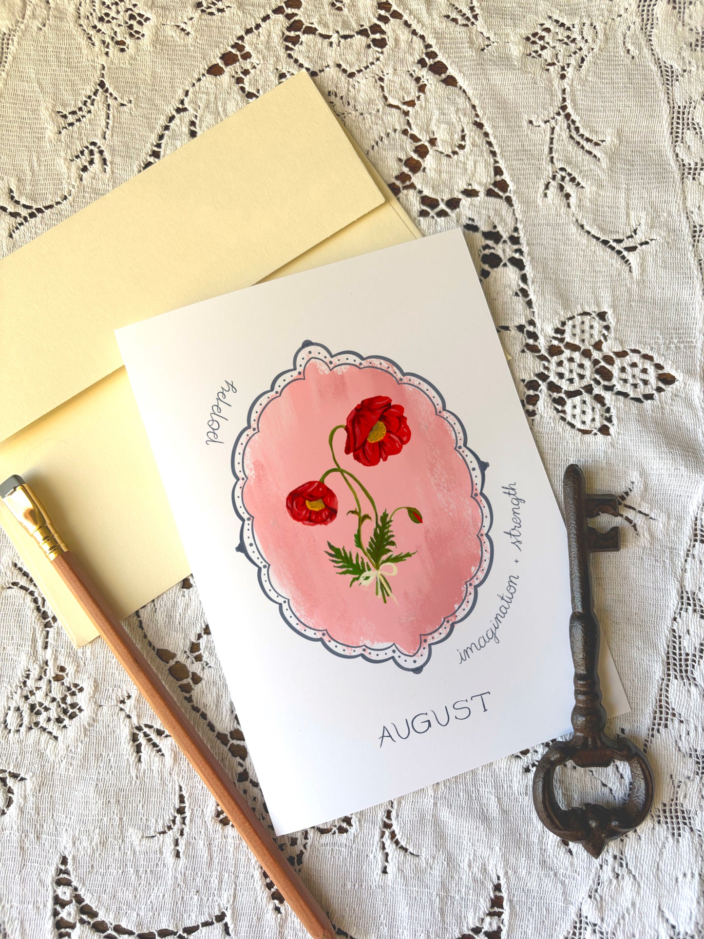 August Birth Month Flower Greeting Card – Poppy Flower Painting Birthday Card – Hand-Painted Vintage Botanical Card with Envelope