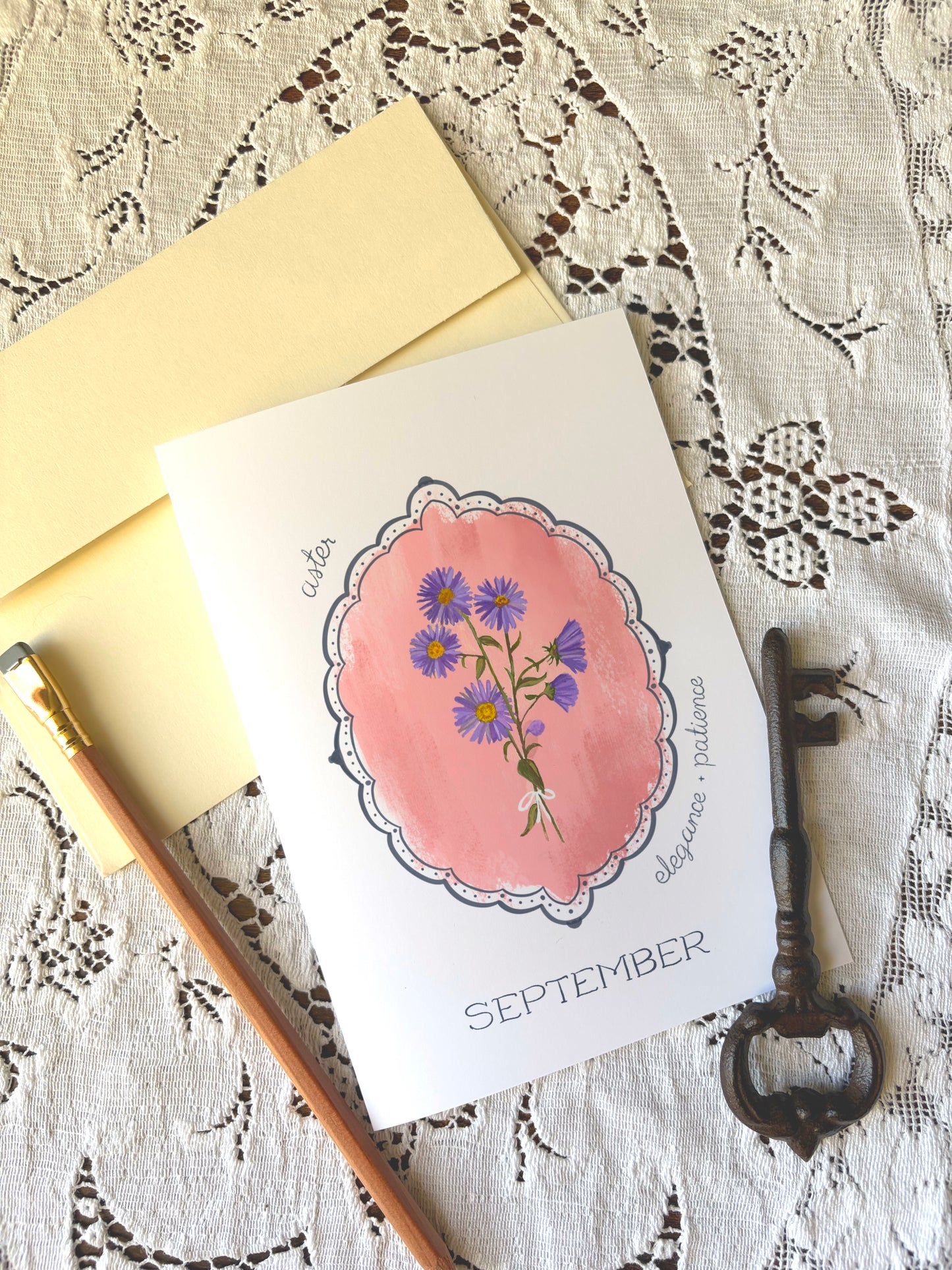 September Birth Month Flower Greeting Card– Aster Flower Painting Birthday Card – Vintage Botanical Card with Envelope