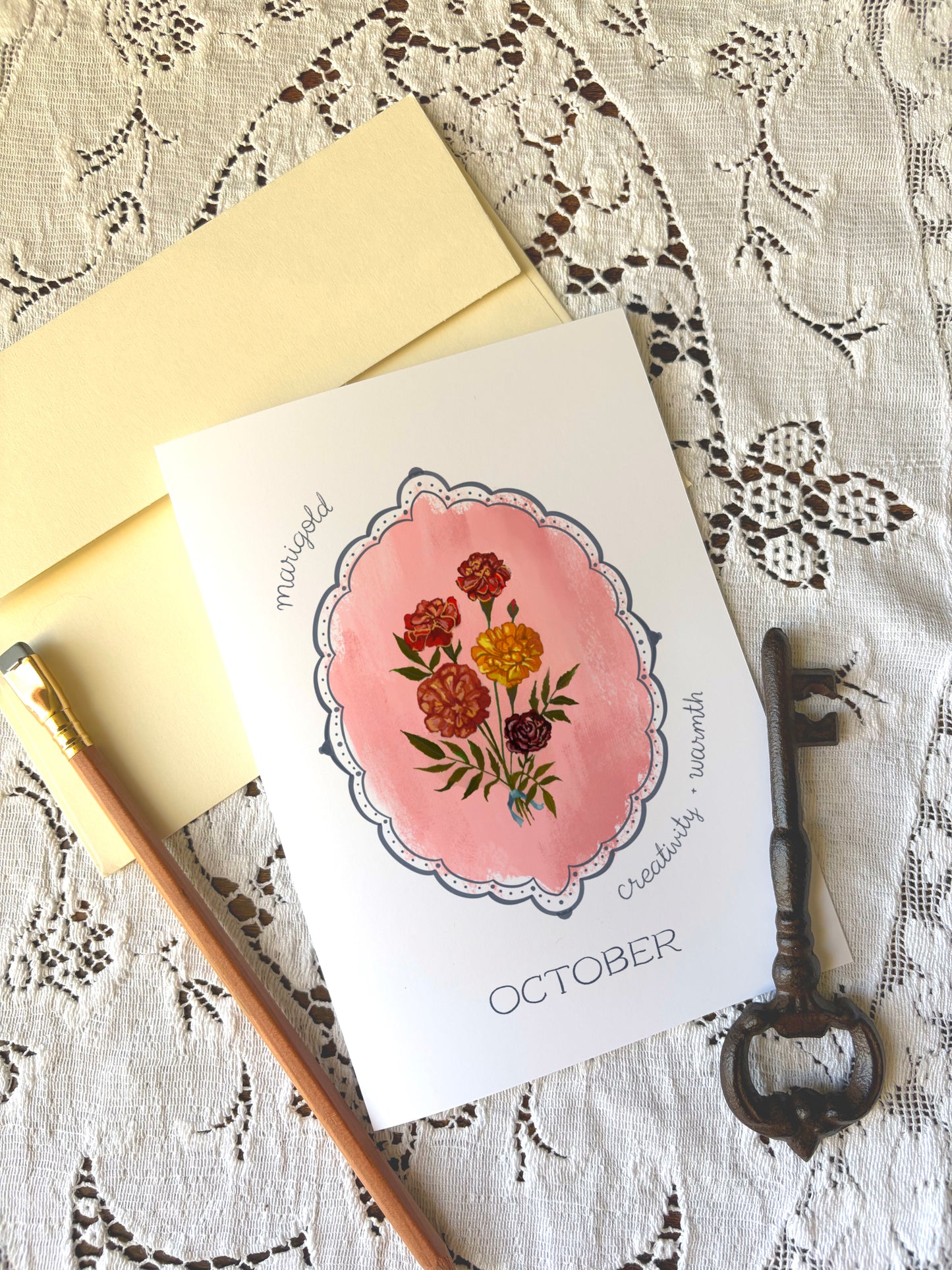 October Birth Month Flower Greeting Card Marigold Flower Birthday Card – Marigold Flower Card with Envelope – Vintage Botanical Artwork