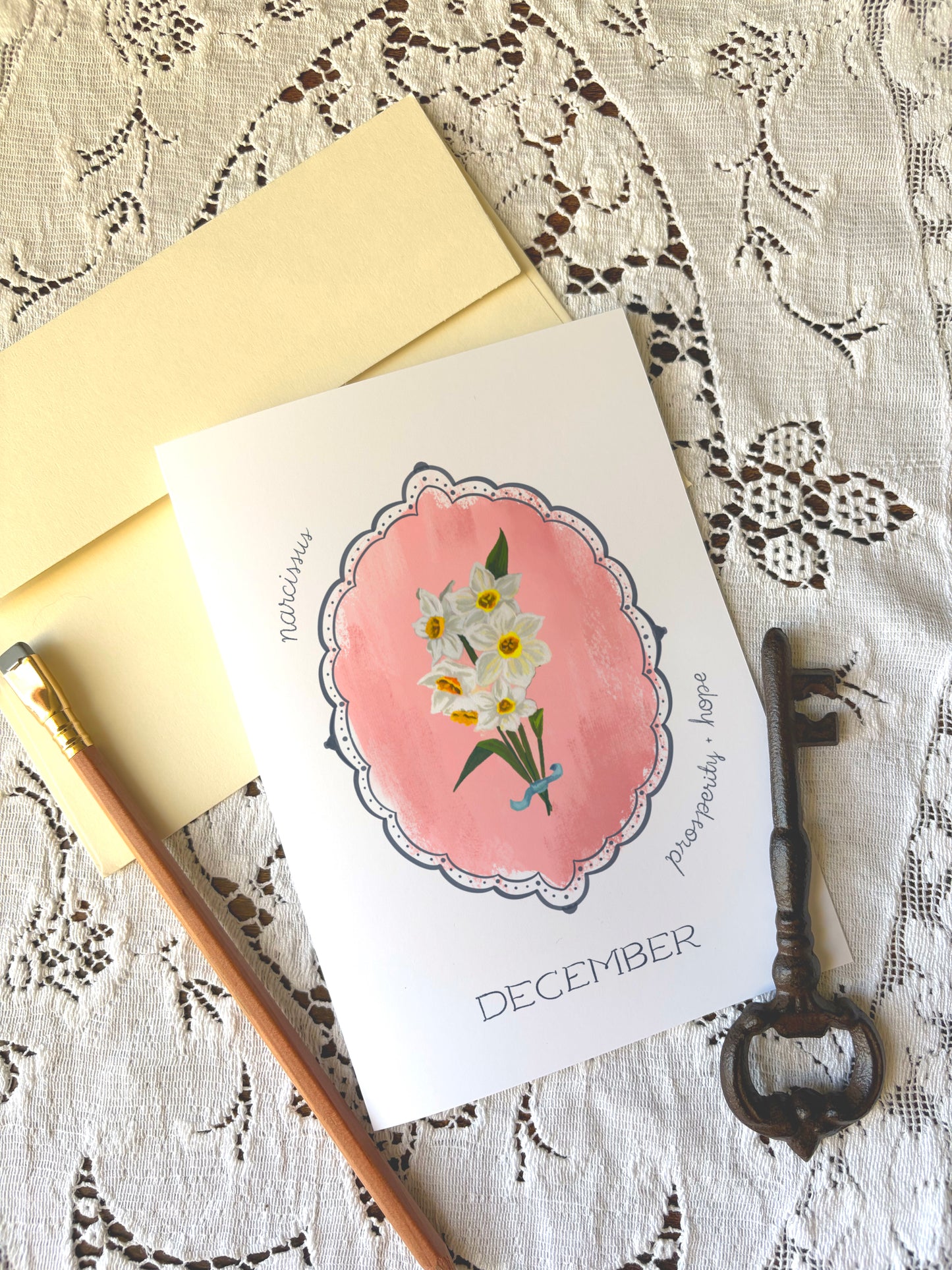 December Birth Month Flower Greeting Card– Narcissus Flower Card with Envelope – Vintage Botanical Artwork of Prosperity & Hope