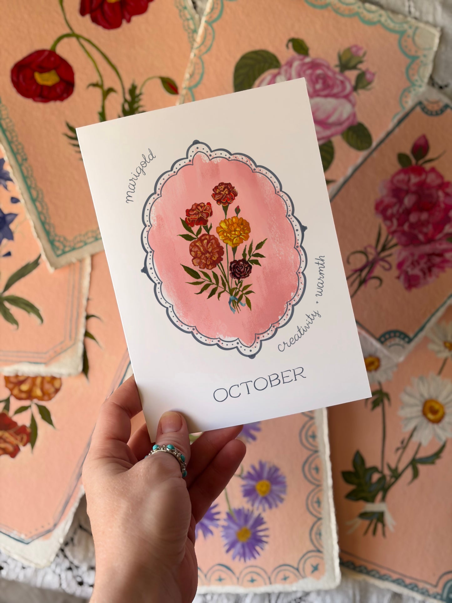 October Birth Month Flower Greeting Card Marigold Flower Birthday Card – Marigold Flower Card with Envelope – Vintage Botanical Artwork