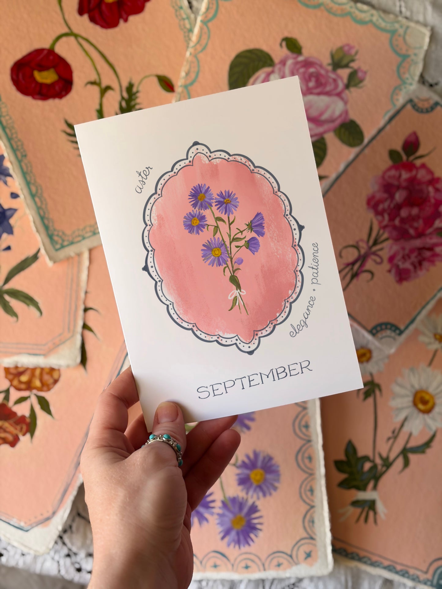 September Birth Month Flower Greeting Card– Aster Flower Painting Birthday Card – Vintage Botanical Card with Envelope