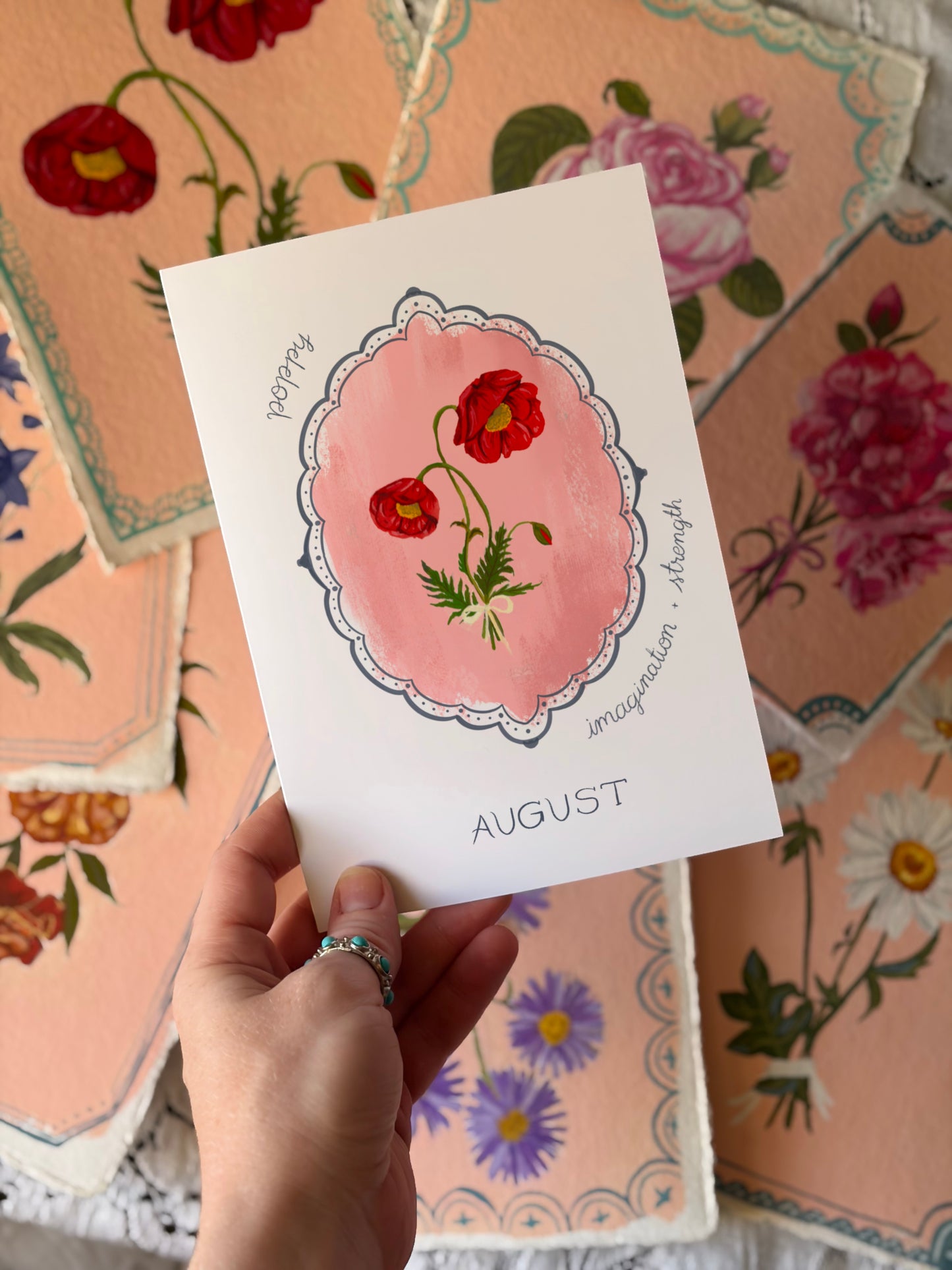August Birth Month Flower Greeting Card – Poppy Flower Painting Birthday Card – Hand-Painted Vintage Botanical Card with Envelope