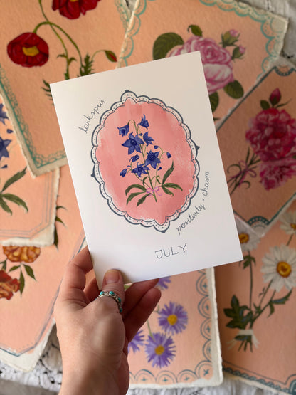 July Birth Month Flower Greeting Card – Larkspur Flower Painting Birthday Card – Vintage Botanical Card for Positivity & Charm