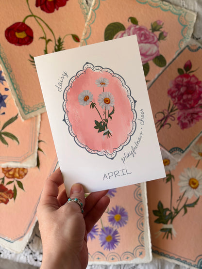April Birth Flower Greeting Card – Daisy Art on Handmade Paper – Vintage Botanical Cheer & Optimism