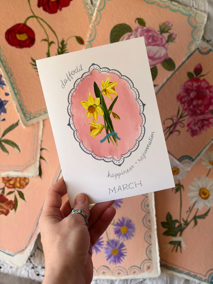 March Birth Month Flower Greeting Card- Daffodil Flower Birthday Card – Vintage Botanical Art for Spring, Joy & New Beginnings