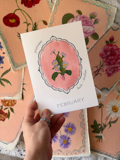 February Birth Month Flower Greeting Card - Primrose Vintage Flower Birthday Card – Botanical Gift
