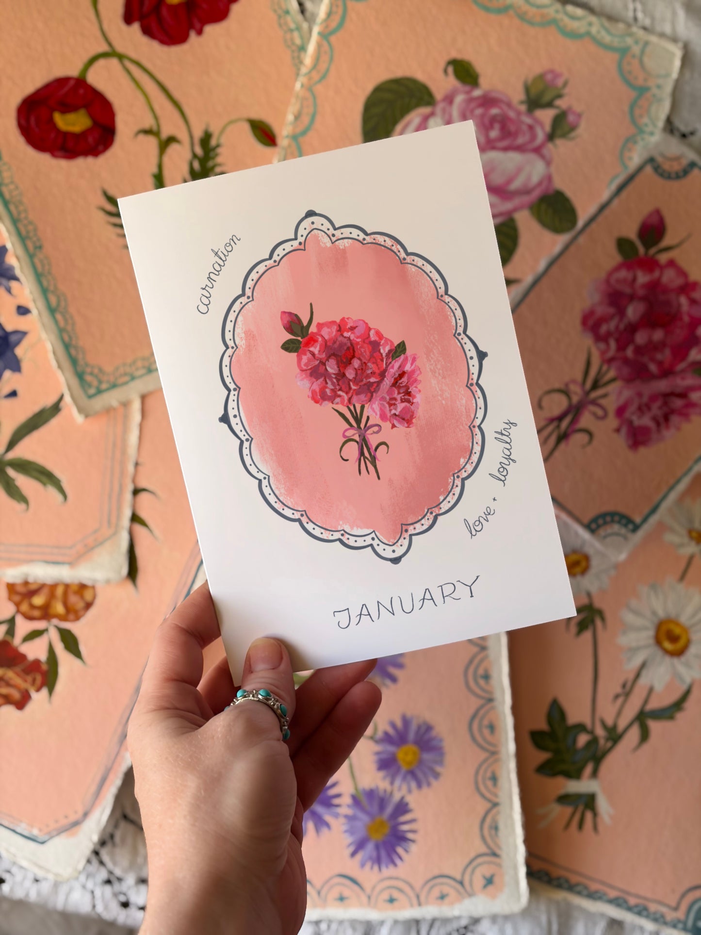 January Birth Month Flower Greeting Card - Carnation Flower Painting Birthday Card