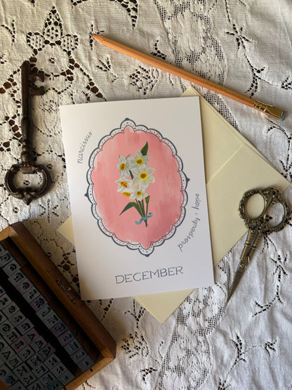 December Birth Month Flower Greeting Card– Narcissus Flower Card with Envelope – Vintage Botanical Artwork of Prosperity & Hope