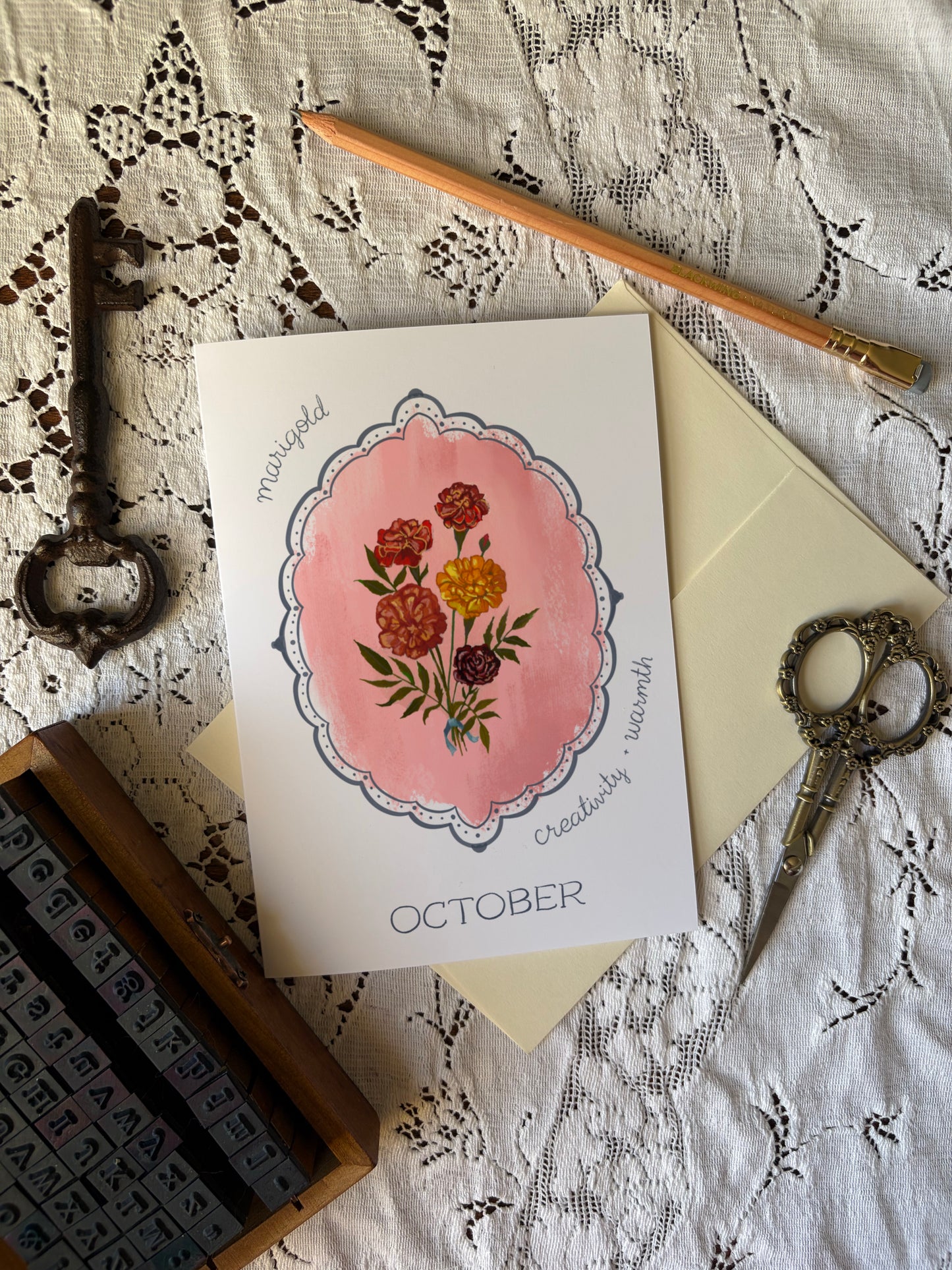 October Birth Month Flower Greeting Card Marigold Flower Birthday Card – Marigold Flower Card with Envelope – Vintage Botanical Artwork