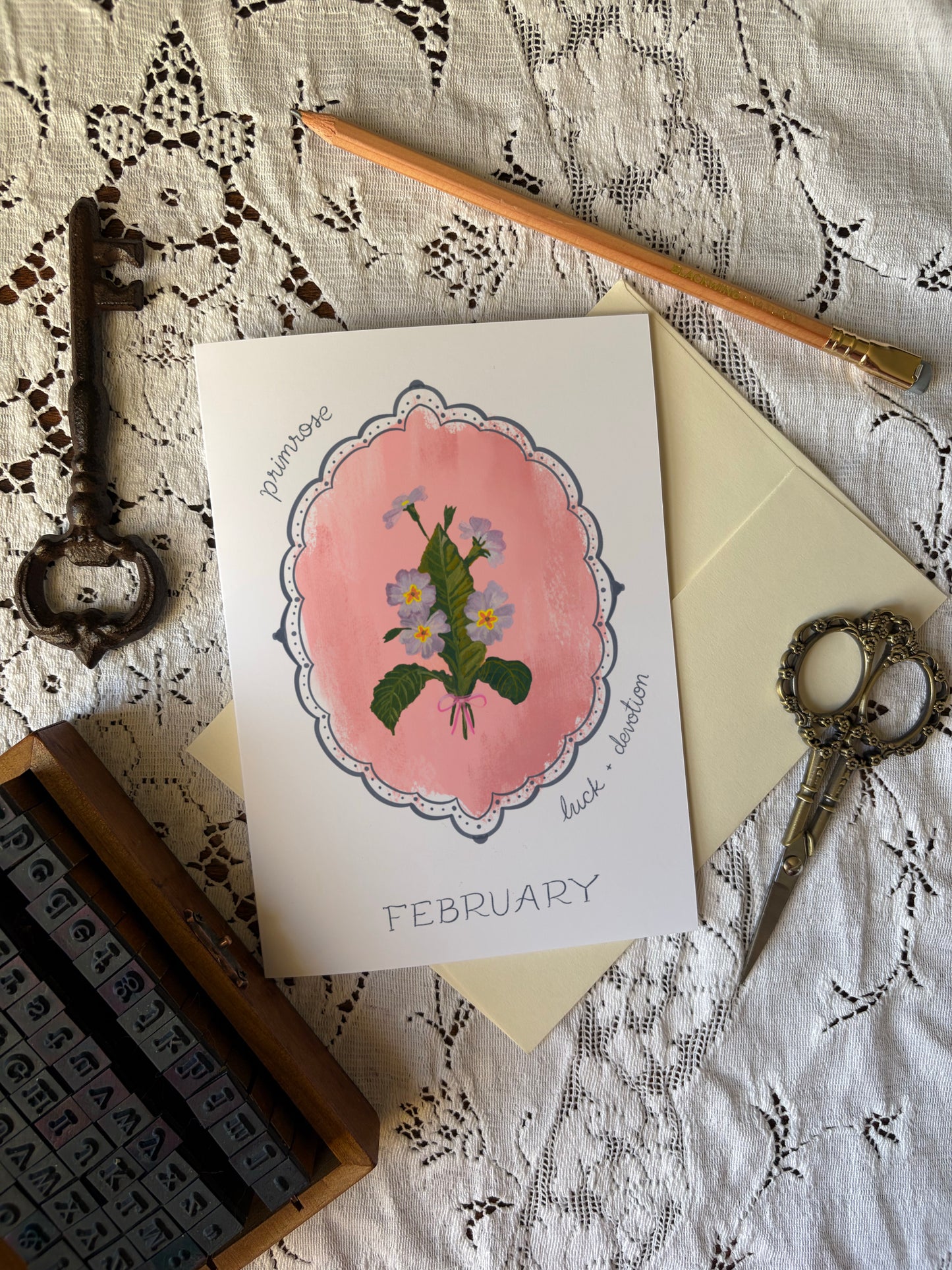 February Birth Month Flower Greeting Card - Primrose Vintage Flower Birthday Card – Botanical Gift
