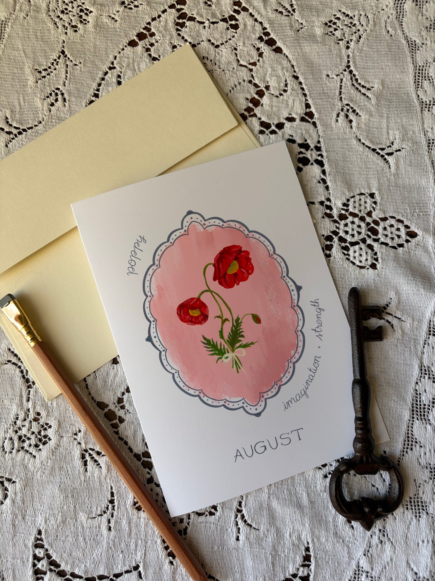 August Birth Month Flower Greeting Card – Poppy Flower Painting Birthday Card – Hand-Painted Vintage Botanical Card with Envelope
