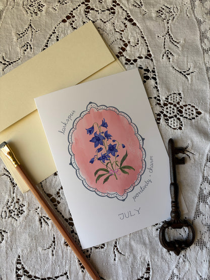 July Birth Month Flower Greeting Card – Larkspur Flower Painting Birthday Card – Vintage Botanical Card for Positivity & Charm