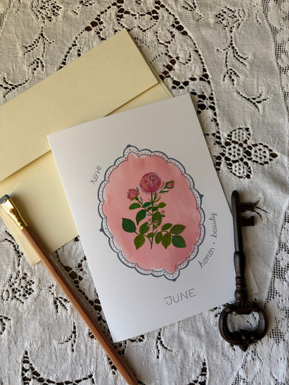 June Birth Flower Greeting Card – Vintage Botanical Floral Birthday Card – Hand-Painted Wall Art of Beauty & Passion