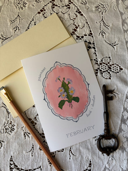 February Birth Month Flower Greeting Card - Primrose Vintage Flower Birthday Card – Botanical Gift