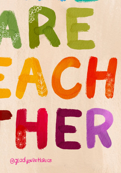 Colorful text on a beige background with 'glad you're here' branding.