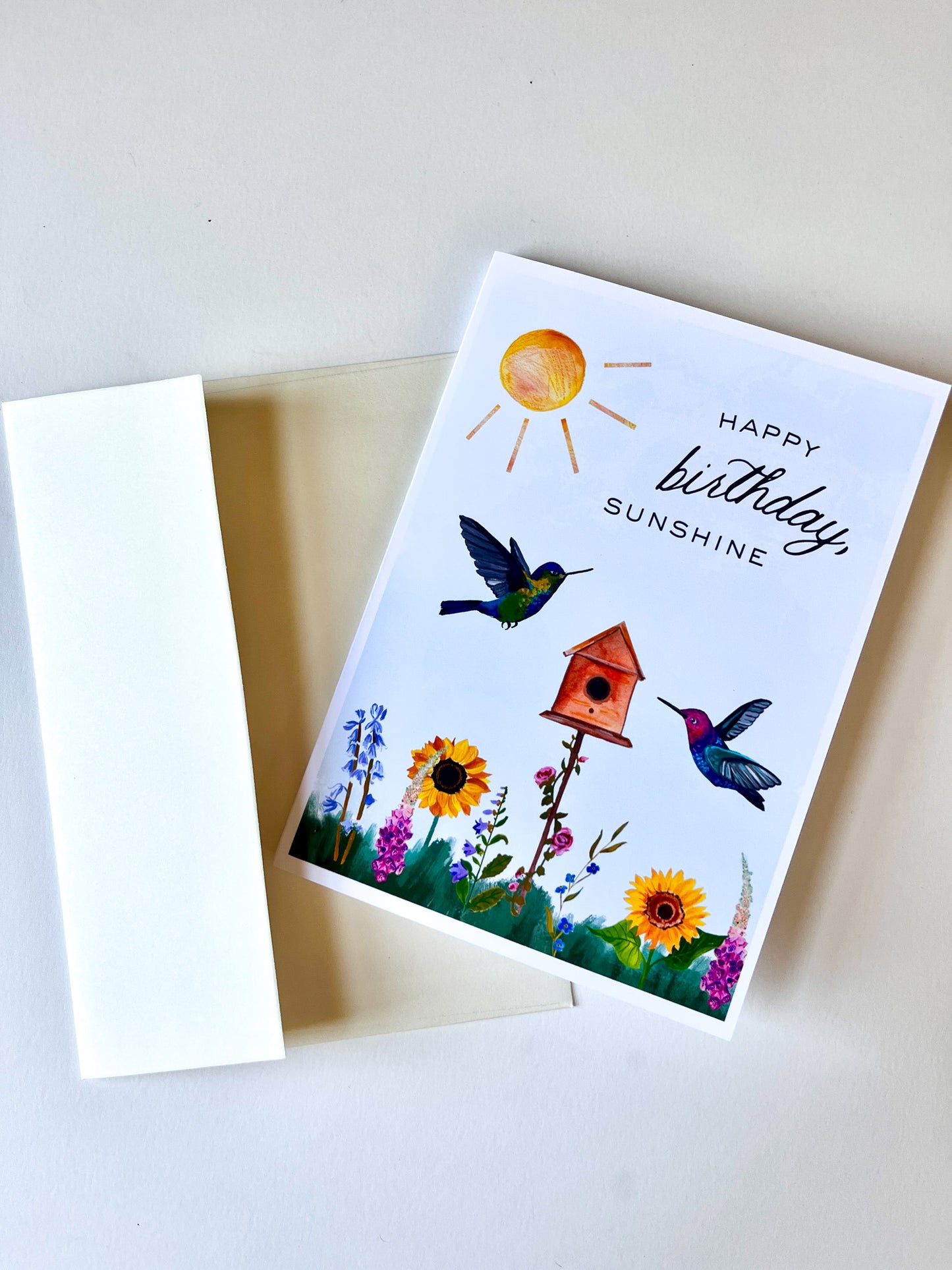 Happy Birthday Sunshine Greeting Card – 5x7 Hummingbird & Sunflower Illustration with Gingham Envelope Liner