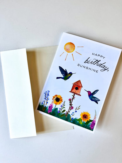 Happy Birthday Sunshine Greeting Card – 5x7 Hummingbird & Sunflower Illustration with Gingham Envelope Liner