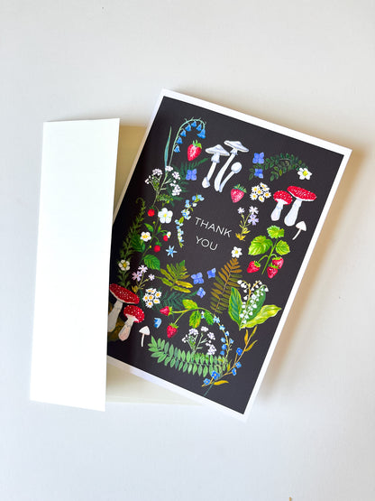 Thank You Greeting Card – Botanical Mushroom Illustration with Matching Envelope Liner | 5x7 Nature-Themed Card