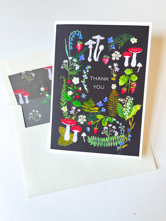 Thank You Greeting Card – Botanical Mushroom Illustration with Matching Envelope Liner | 5x7 Nature-Themed Card