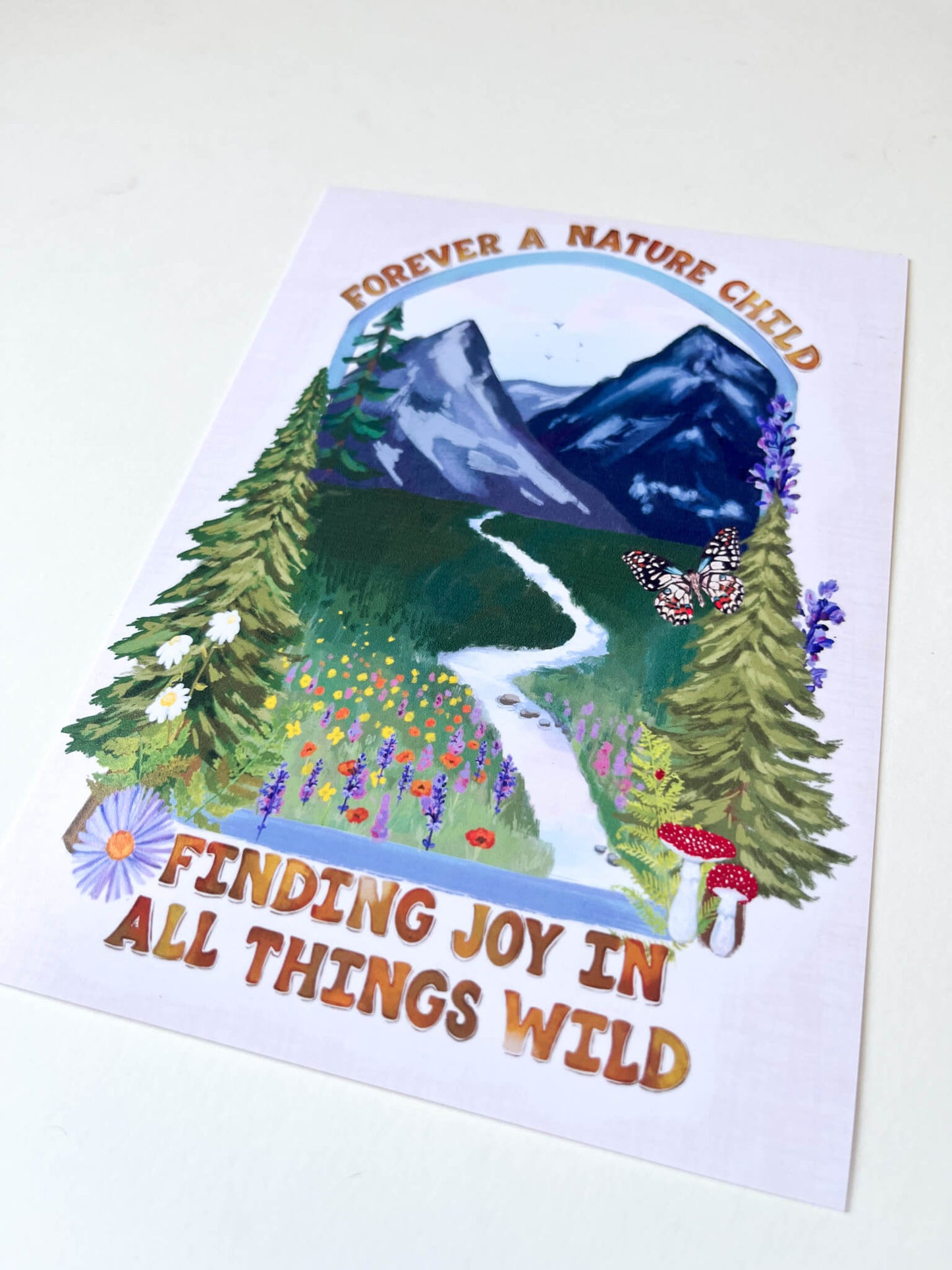 Forever a Nature Child Art Print – Finding Joy in All Things Wild | 5×7, 8×10, 11×14 | Mountain & Wildflower Illustration on Satin Photo Paper