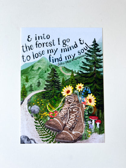 Forest Journey Art Print – Hiking Boots & Wildflower Scene | Satin-Finish Photo Paper, 5×7 • 8×10 • 11×14 (Quote Option Available)
