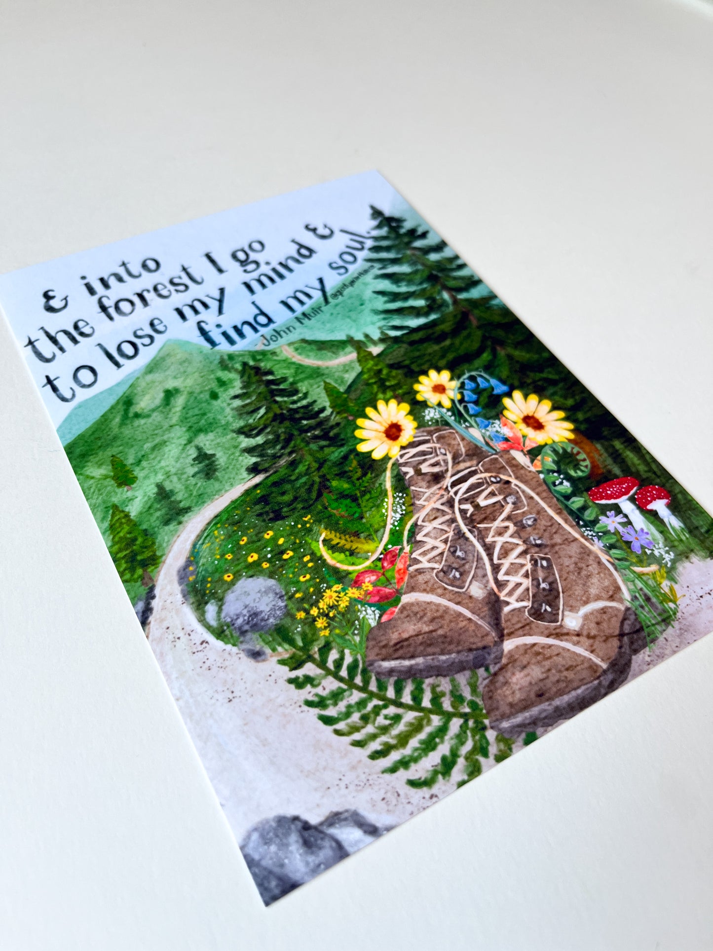 Forest Journey Art Print – Hiking Boots & Wildflower Scene | Satin-Finish Photo Paper, 5×7 • 8×10 • 11×14 (Quote Option Available)