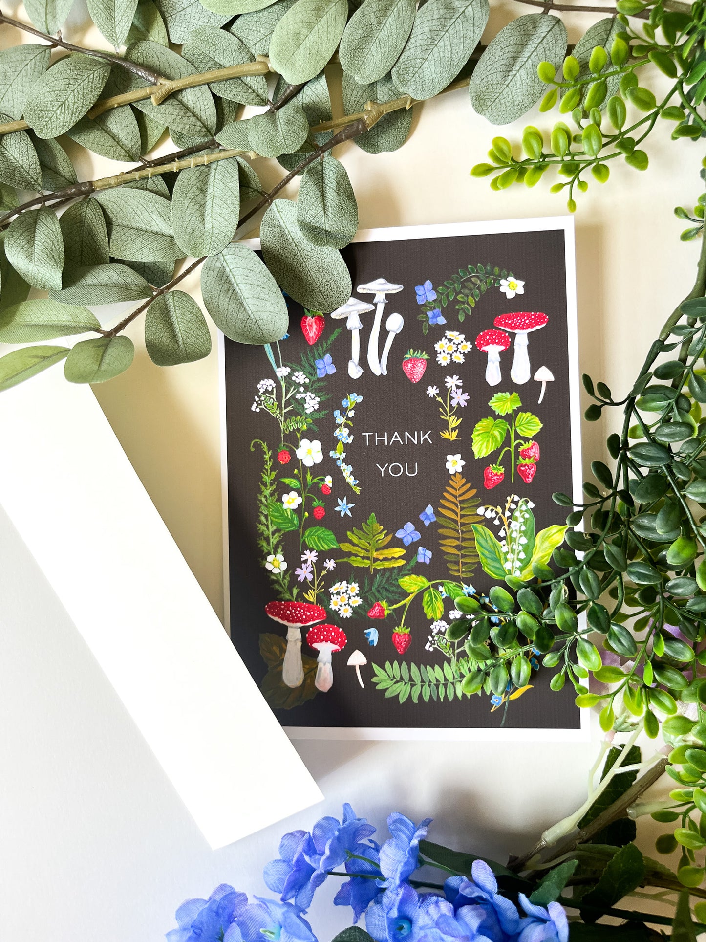 Thank You Greeting Card – Botanical Mushroom Illustration with Matching Envelope Liner | 5x7 Nature-Themed Card