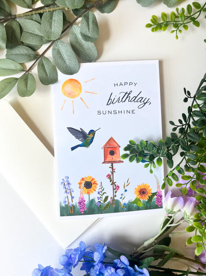 Happy Birthday Sunshine Greeting Card – 5x7 Hummingbird & Sunflower Illustration with Gingham Envelope Liner