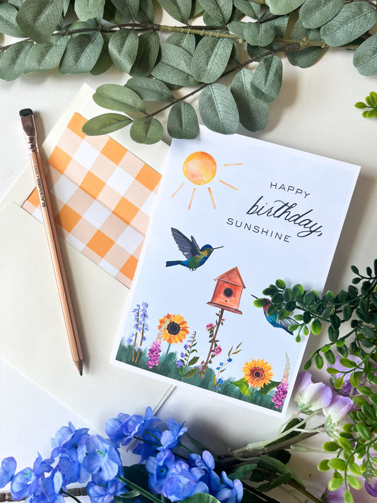 Happy Birthday Sunshine Greeting Card – 5x7 Hummingbird & Sunflower Illustration with Gingham Envelope Liner